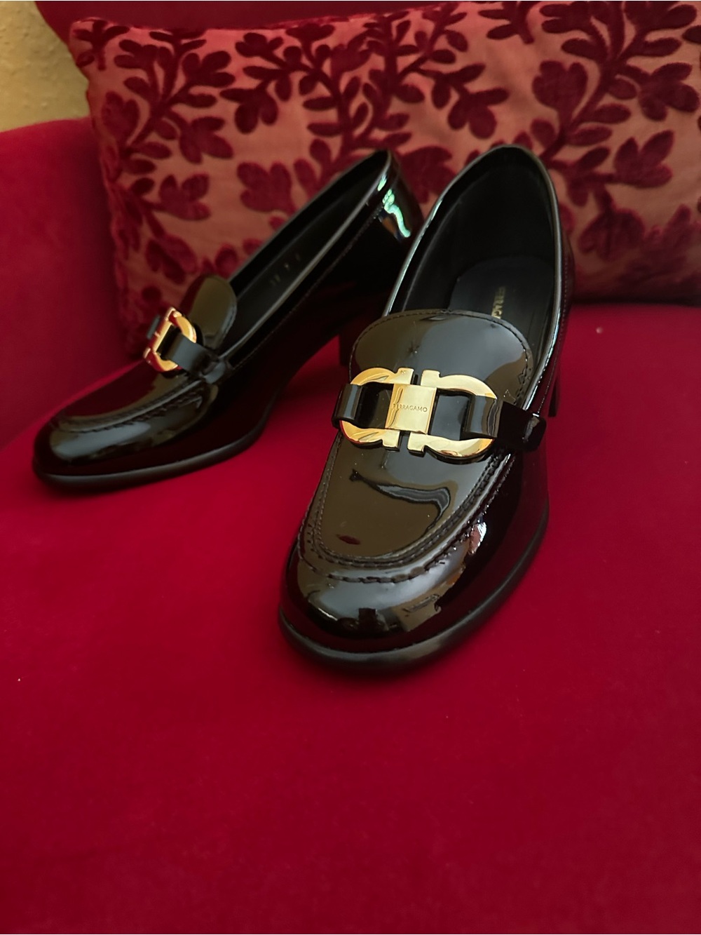 Salvatore Ferragamo Black Patent Loafer with Gold Gancini- Women Shoes.